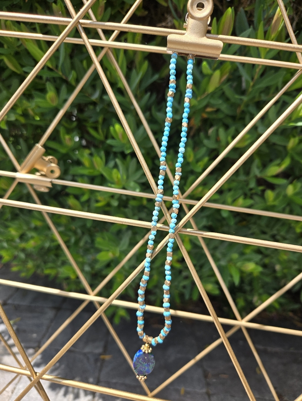 Turquoise, Brass And Gemstone Pendant Necklace
